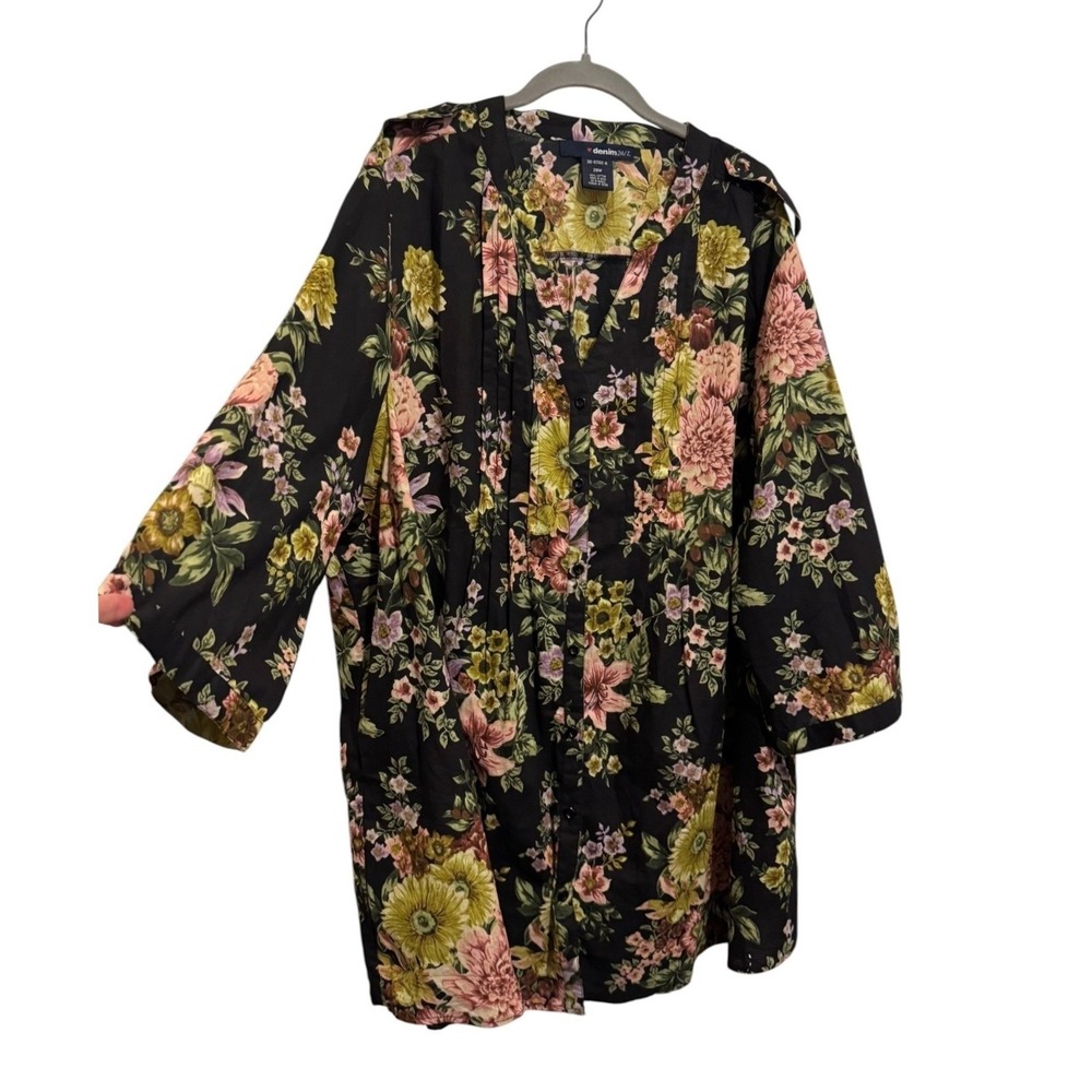 Denim 24/7 Black Floral Button Down Tunic Women's Size 28W V-Neck Top Office